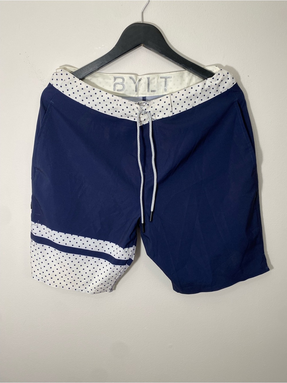 BYLT Basics Coastal Navy Polka Dot Trim Swim Shorts Boardshorts Medium